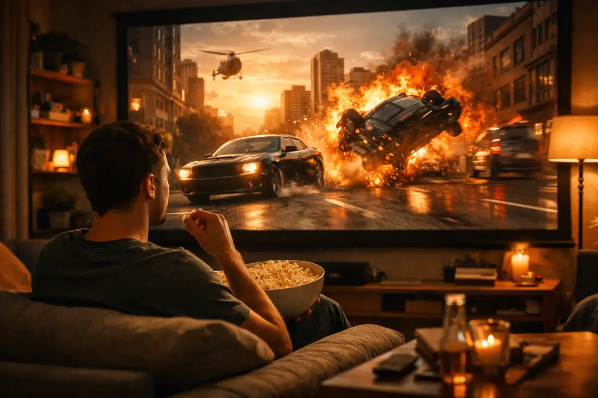 Chłopak ogląda film akcji na projektorze